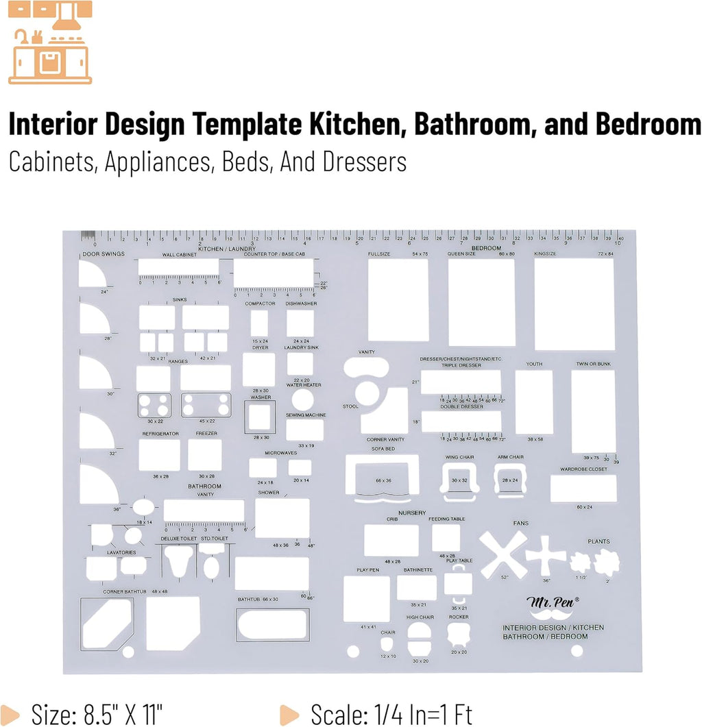 - House Plan, 3 Pcs, Interior Design and Furniture Templates | Clear Flexible Plastic, Drafting Tools, Ruler Shapes for Architecture, 1/4 Inch Scale, Kitchen, Bath, Bedroom, Office