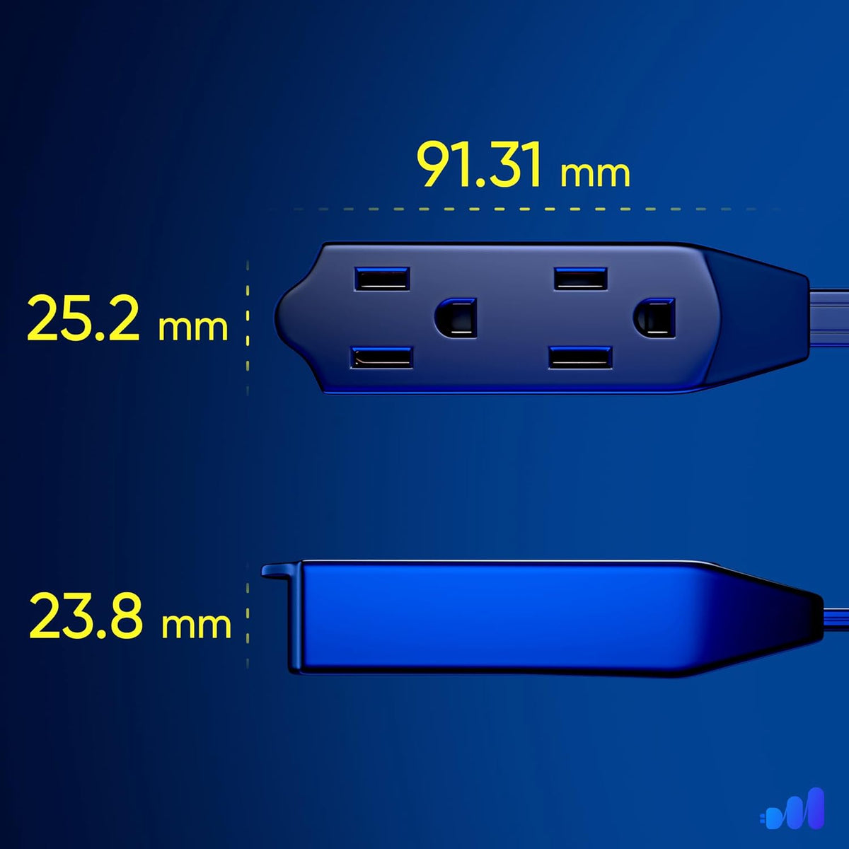 Cable 2 Ft 360° Rotating Flat Plug Extension Cord, 16/3 AWG Multi 3 Outlet 3-Prong Grounded Wire- Black - UL Certified