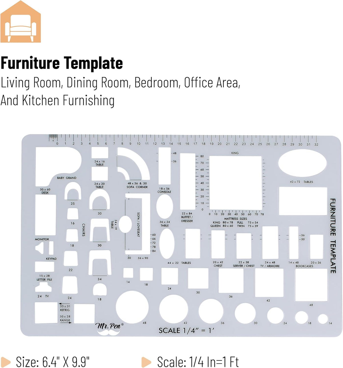 - House Plan, 3 Pcs, Interior Design and Furniture Templates | Clear Flexible Plastic, Drafting Tools, Ruler Shapes for Architecture, 1/4 Inch Scale, Kitchen, Bath, Bedroom, Office