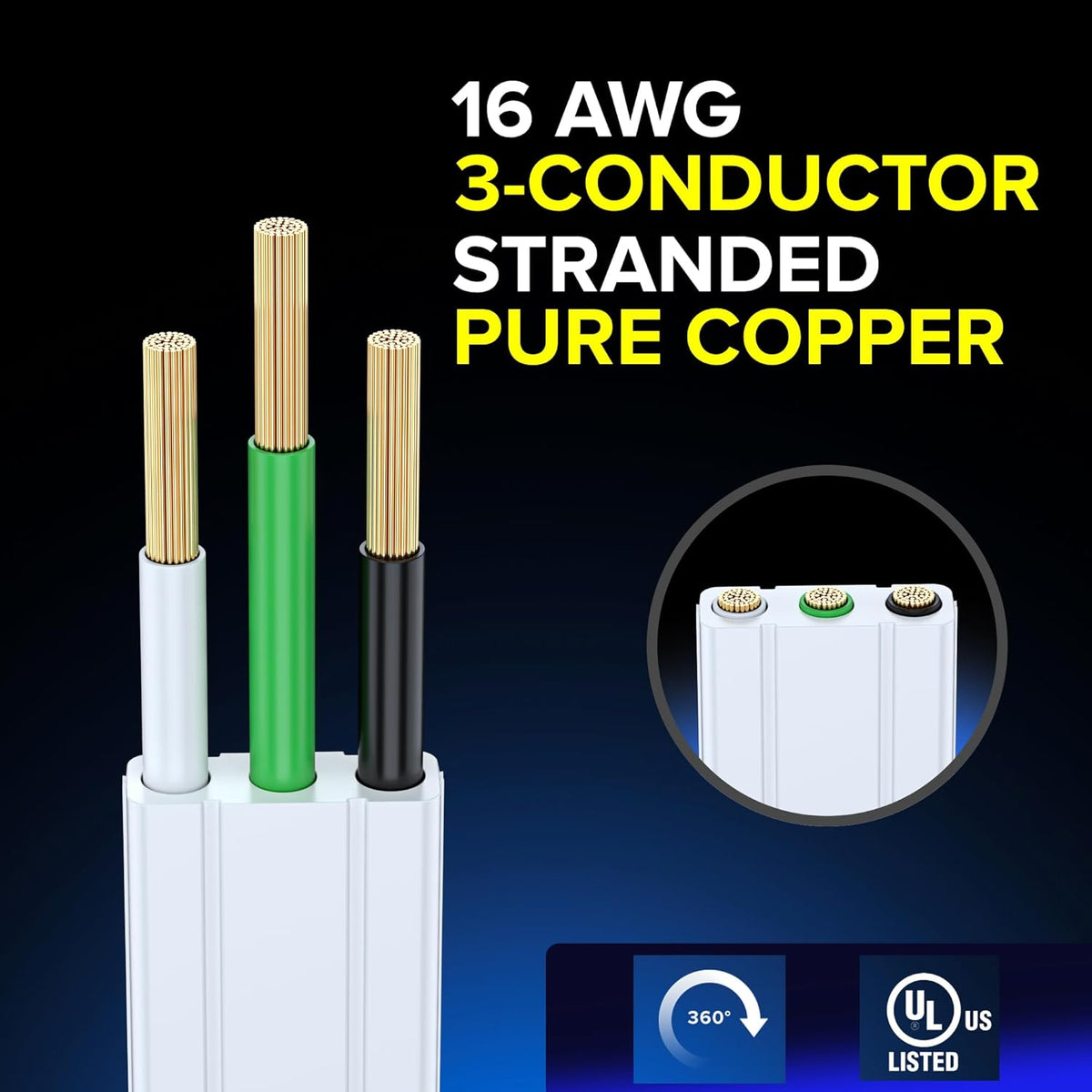 Cable 3 Ft 360° Rotating Flat Plug Extension Cord/Wire, 16 AWG Multi 3 Outlet Extension Wire, 3 Prong Grounded Wire - White - UL Certified