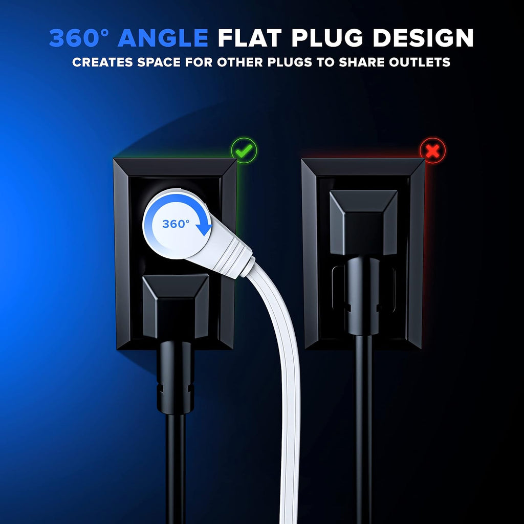 Cable 3 Ft 360° Rotating Flat Plug Extension Cord/Wire, 16 AWG Multi 3 Outlet Extension Wire, 3 Prong Grounded Wire - White - UL Certified