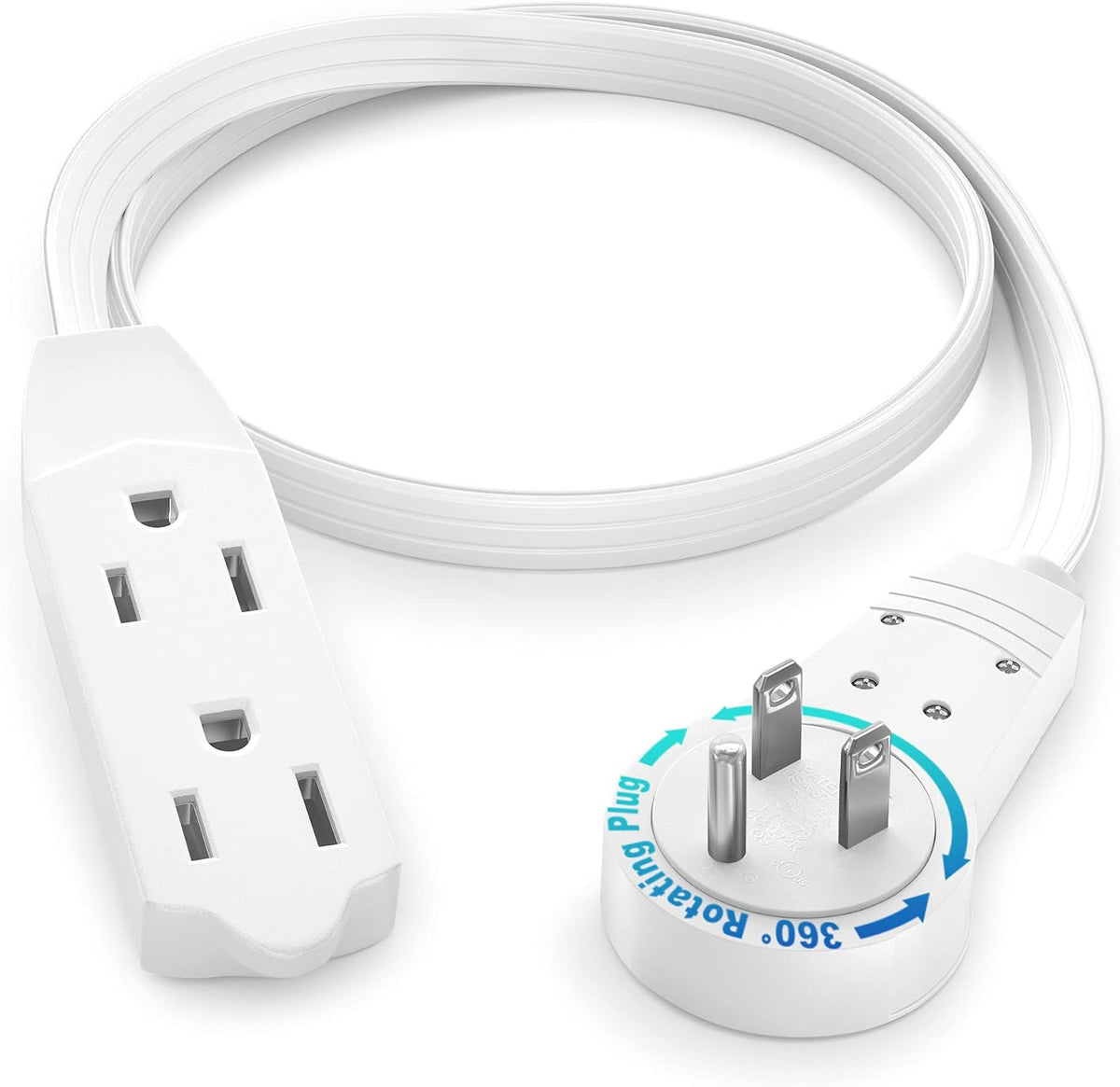 1 Ft UL 360° Rotating Flat Plug Extension Cord, 3-Outlet, 16/3 AWG