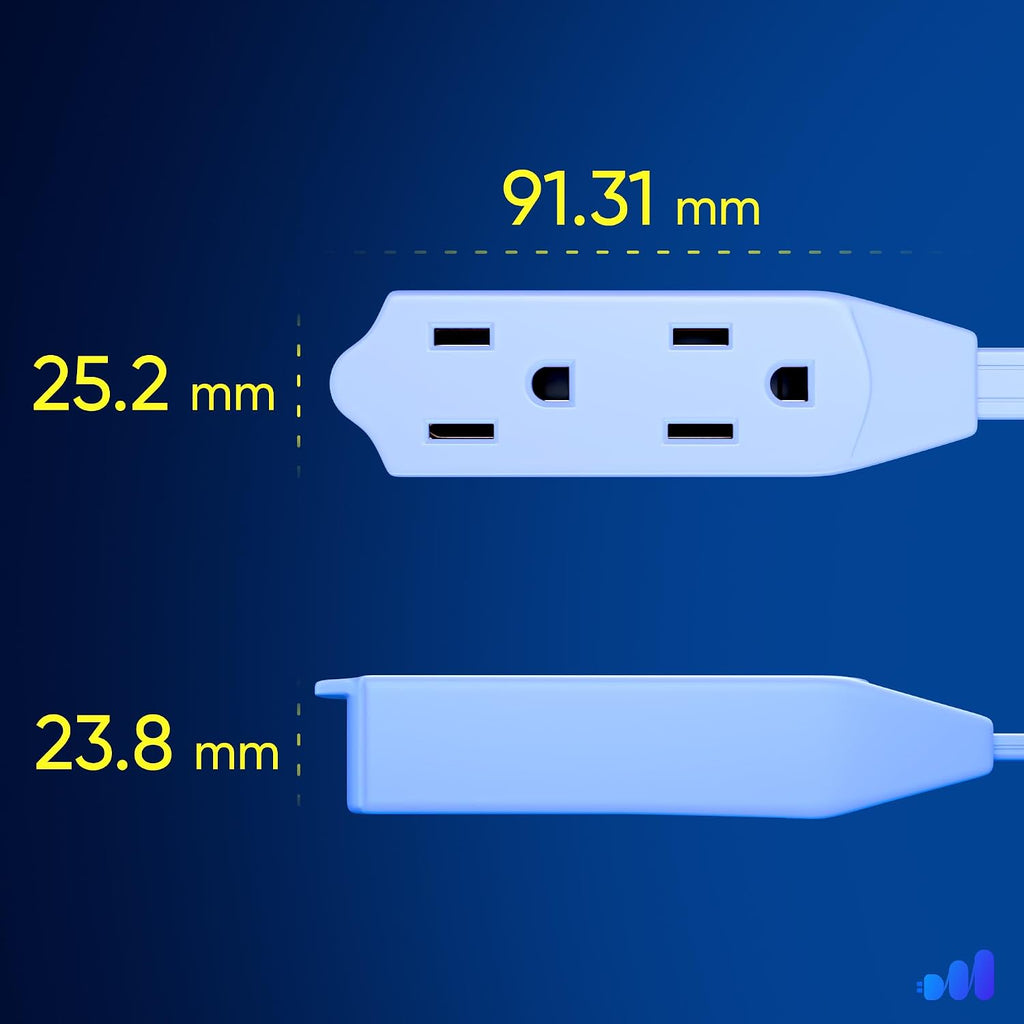 Cable 3 Ft 360° Rotating Flat Plug Extension Cord/Wire, 16 AWG Multi 3 Outlet Extension Wire, 3 Prong Grounded Wire - White - UL Certified