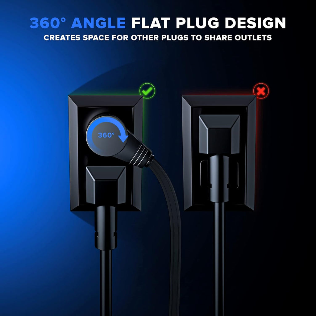 Cable 2 Ft 360° Rotating Flat Plug Extension Cord, 16/3 AWG Multi 3 Outlet 3-Prong Grounded Wire- Black - UL Certified