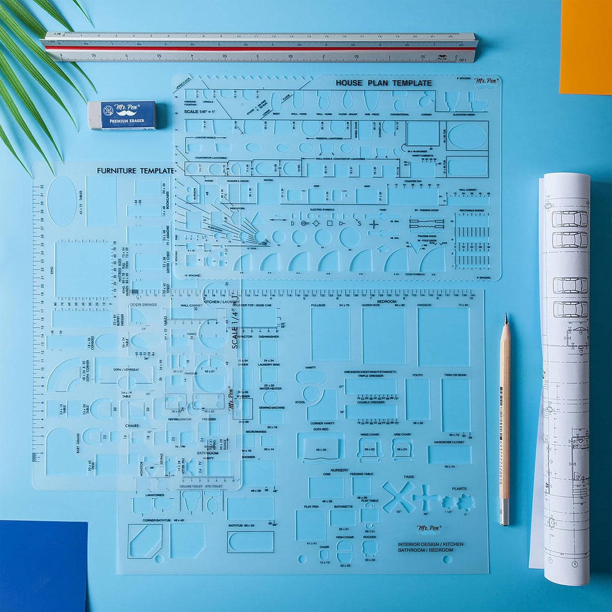 - House Plan, 3 Pcs, Interior Design and Furniture Templates | Clear Flexible Plastic, Drafting Tools, Ruler Shapes for Architecture, 1/4 Inch Scale, Kitchen, Bath, Bedroom, Office