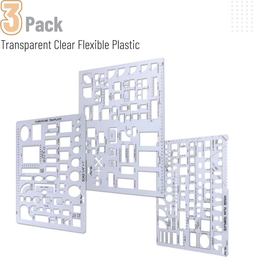 - House Plan, 3 Pcs, Interior Design and Furniture Templates | Clear Flexible Plastic, Drafting Tools, Ruler Shapes for Architecture, 1/4 Inch Scale, Kitchen, Bath, Bedroom, Office
