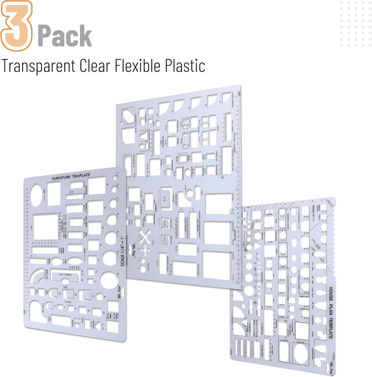 - House Plan, 3 Pcs, Interior Design and Furniture Templates | Clear Flexible Plastic, Drafting Tools, Ruler Shapes for Architecture, 1/4 Inch Scale, Kitchen, Bath, Bedroom, Office