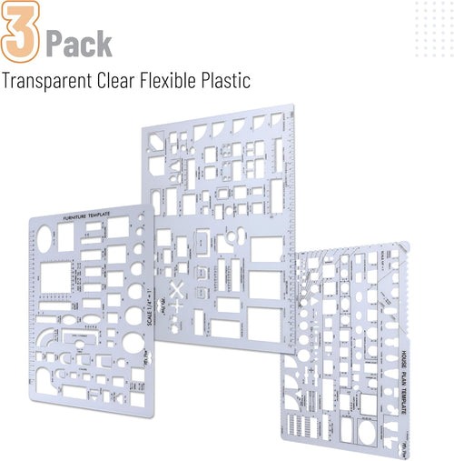 - House Plan, 3 Pcs, Interior Design and Furniture Templates | Clear Flexible Plastic, Drafting Tools, Ruler Shapes for Architecture, 1/4 Inch Scale, Kitchen, Bath, Bedroom, Office
