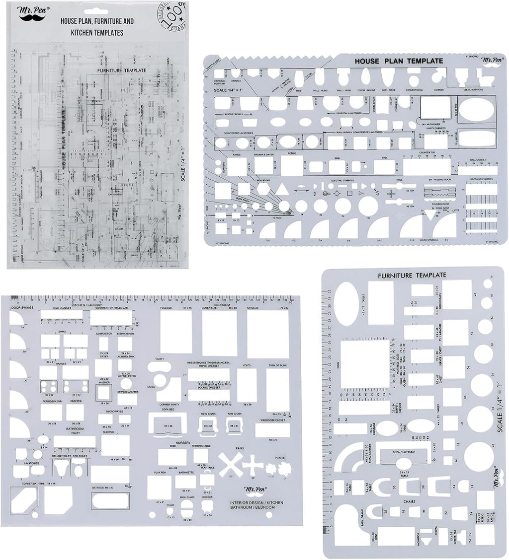 - House Plan, 3 Pcs, Interior Design and Furniture Templates | Clear Flexible Plastic, Drafting Tools, Ruler Shapes for Architecture, 1/4 Inch Scale, Kitchen, Bath, Bedroom, Office