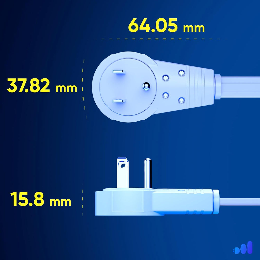 Cable 3 Ft 360° Rotating Flat Plug Extension Cord/Wire, 16 AWG Multi 3 Outlet Extension Wire, 3 Prong Grounded Wire - White - UL Certified