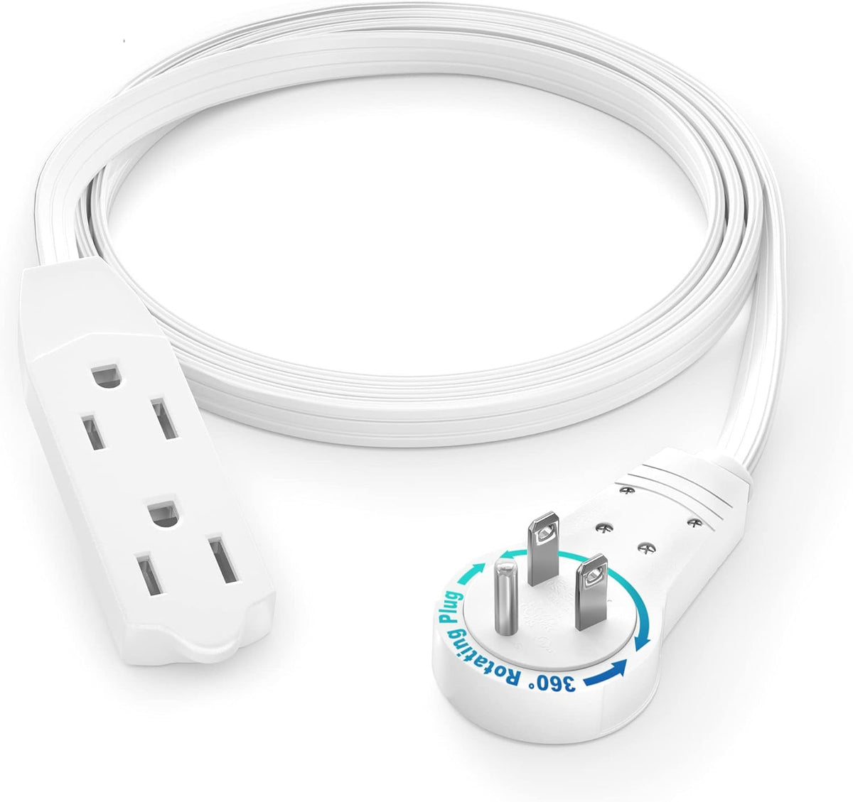 Cable 3 Ft 360° Rotating Flat Plug Extension Cord/Wire, 16 AWG Multi 3 Outlet Extension Wire, 3 Prong Grounded Wire - White - UL Certified