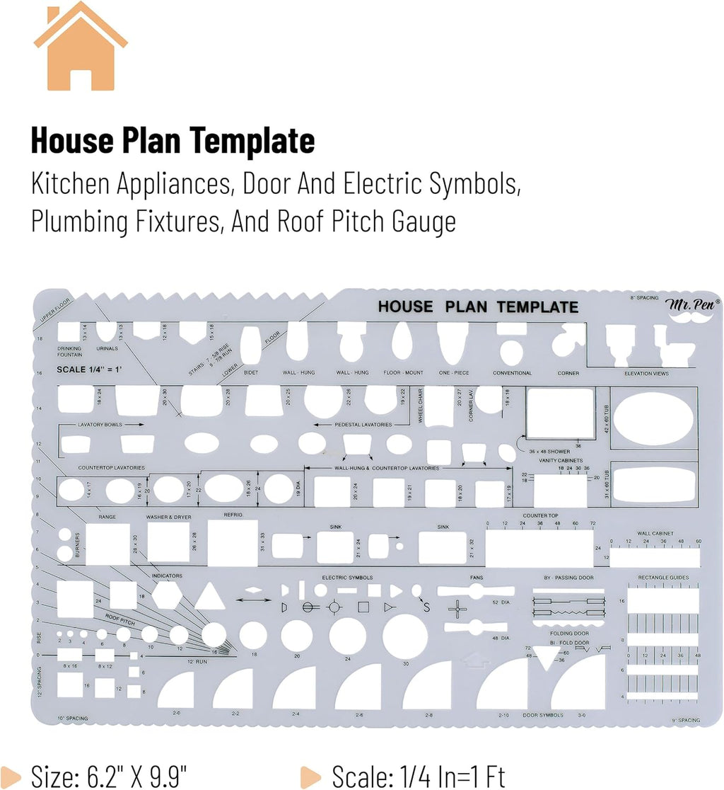 - House Plan, 3 Pcs, Interior Design and Furniture Templates | Clear Flexible Plastic, Drafting Tools, Ruler Shapes for Architecture, 1/4 Inch Scale, Kitchen, Bath, Bedroom, Office
