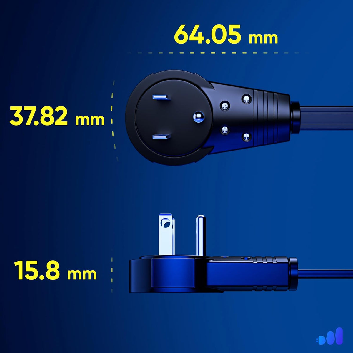 Cable 2 Ft 360° Rotating Flat Plug Extension Cord, 16/3 AWG Multi 3 Outlet 3-Prong Grounded Wire- Black - UL Certified
