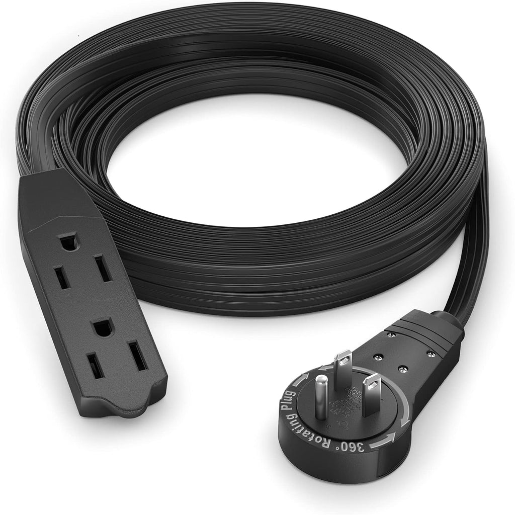 Cable 2 Ft 360° Rotating Flat Plug Extension Cord, 16/3 AWG Multi 3 Outlet 3-Prong Grounded Wire- Black - UL Certified