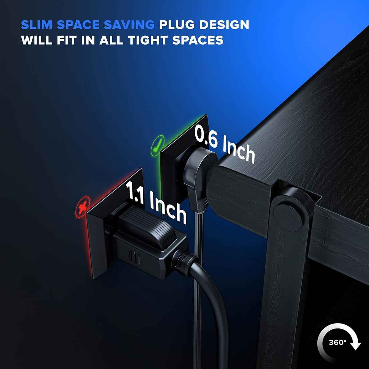 Cable 2 Ft 360° Rotating Flat Plug Extension Cord, 16/3 AWG Multi 3 Outlet 3-Prong Grounded Wire- Black - UL Certified